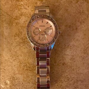 Fossil Silver and Pink Watch with Crystal Bezel